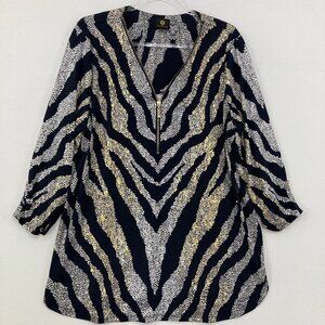 JM Collection size XL Navy Gray Abstract Half Zip Stretch Knit 3/4 Sleeve Blouse